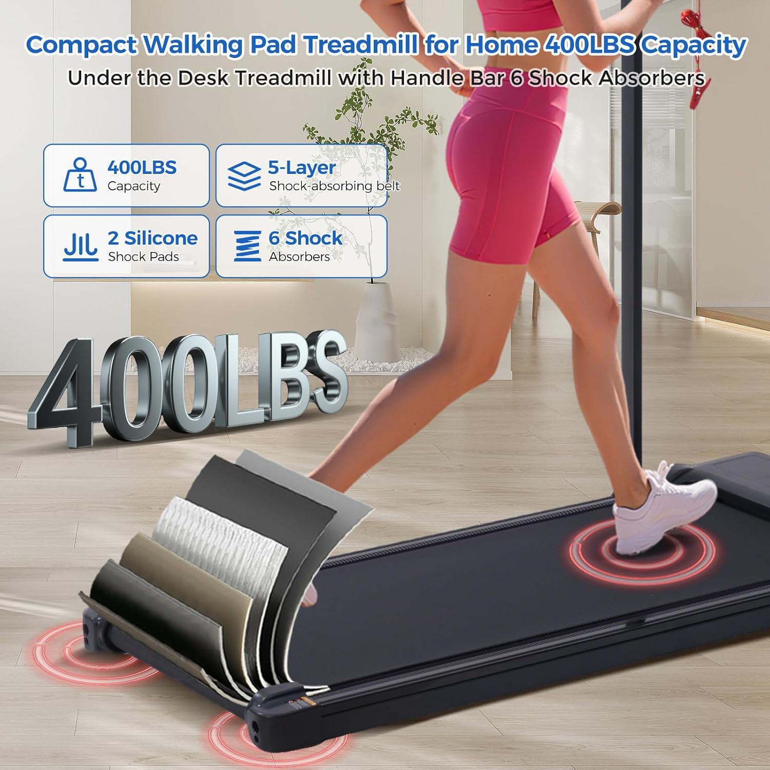 Walking Pad Treadmill with Handle Bar, Compact Portable Treadmills for Home Small, Electric Walking Pads with Handles, 3.5HP Quiet Motor and LED Display, 400 LBS Capacity - Image 4