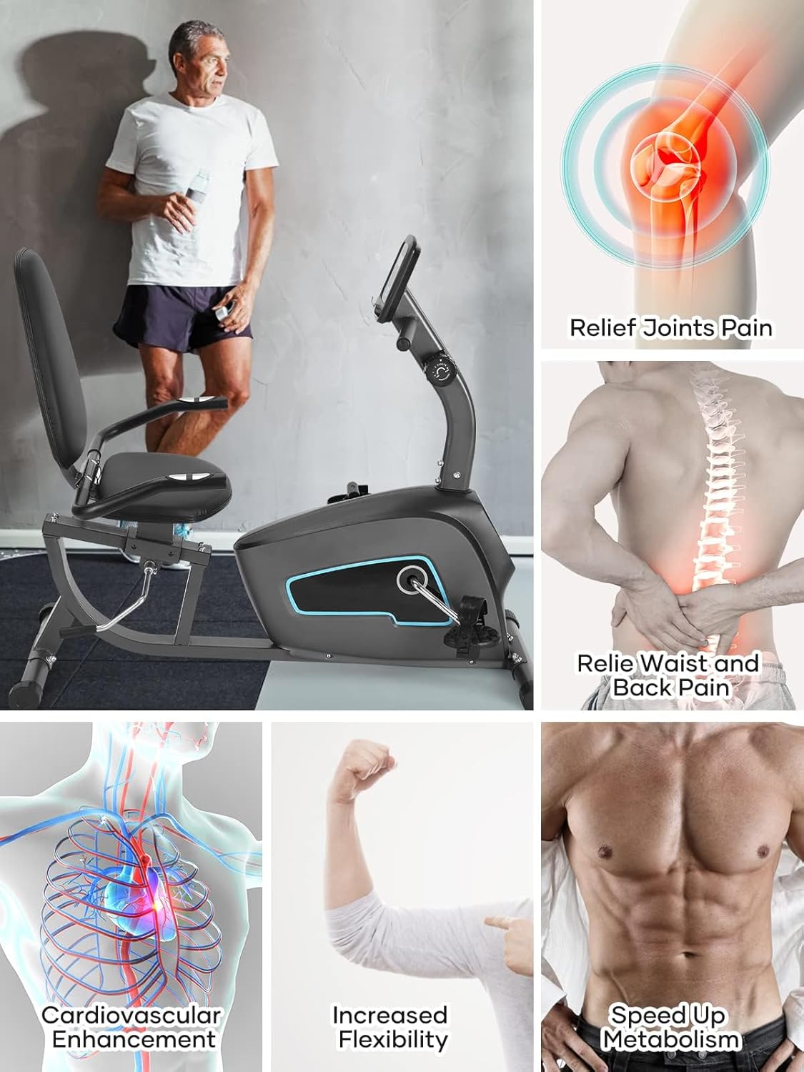 Exercise Bike Recumbent Exercise Bike for Home Stationary Bike Sturdy Quiet 8 Levels Large Comfortable Seat Heart Rate Handle & Device Holder 300 LB Weight Capacity - Image 5