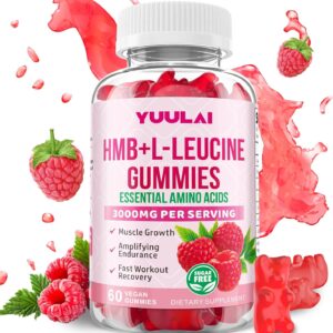 HMB and L-Leucine Gummies, 3000mg HMB and Leucine Amino Acid for Men Women, for Muscle Growth, Muscle Relief, and Fast Workout Recovery, Vegan, Raspberry Flavor, 60 Count