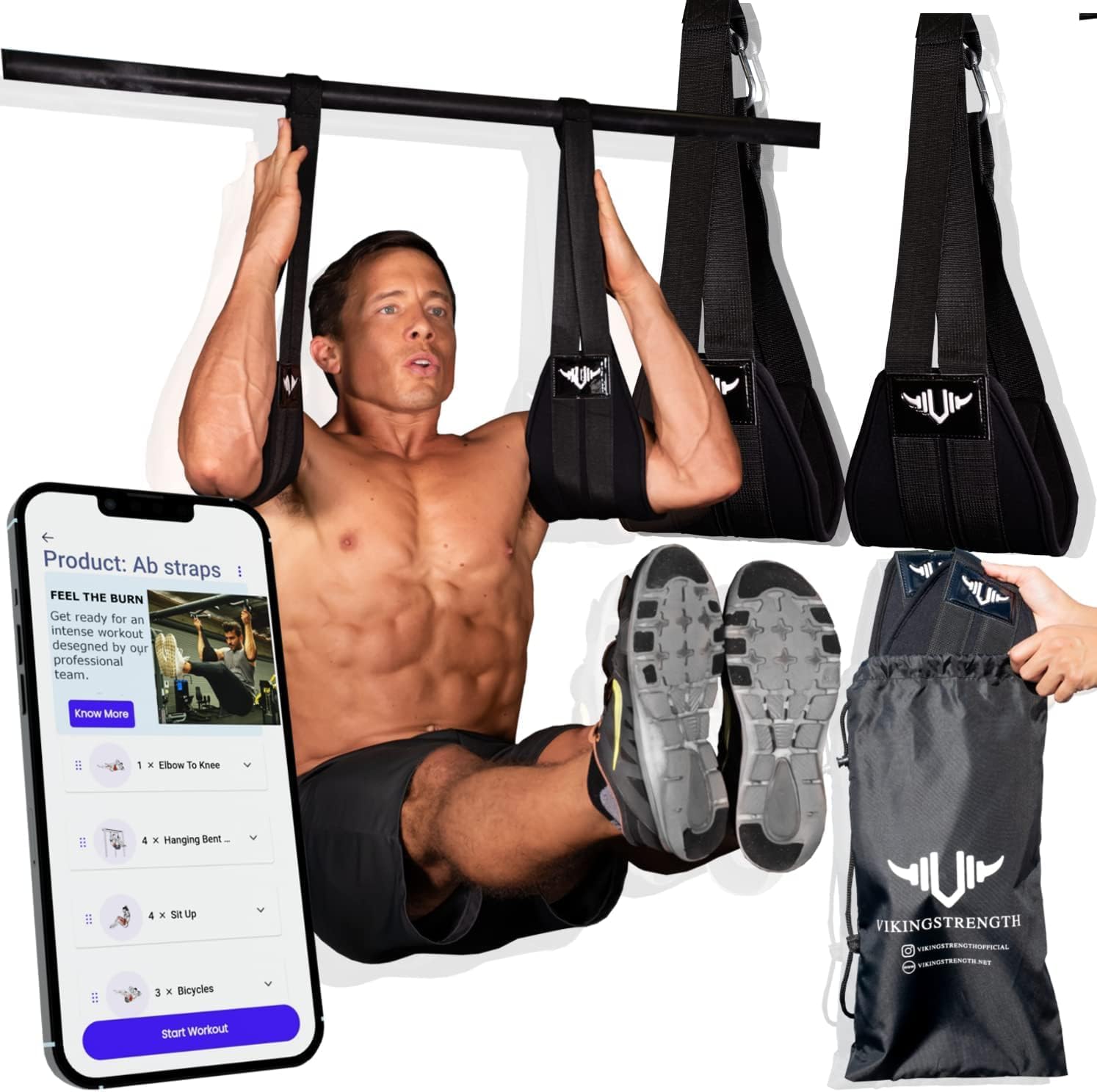 Vikingstrength AB straps - Premium Padded Home Gym Exerciser Ab Slings pair for pull up bar - Hanging Leg Raiser Fitness for six pack - Workout Equipment for Men & Women + Bonus Bag
