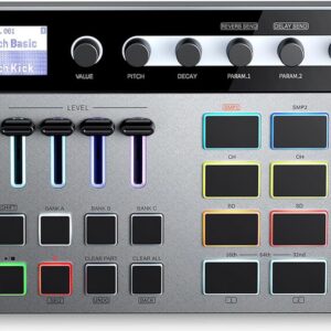 Donner Essential D1 Performance Beat Machine, Step Sequencer& Finger Drum Machine Combined, with LCD Display, 16 RGB Beat Pads, 5 Endless Encoders, 12 Tracks Sample, Reverb& Delay Effects