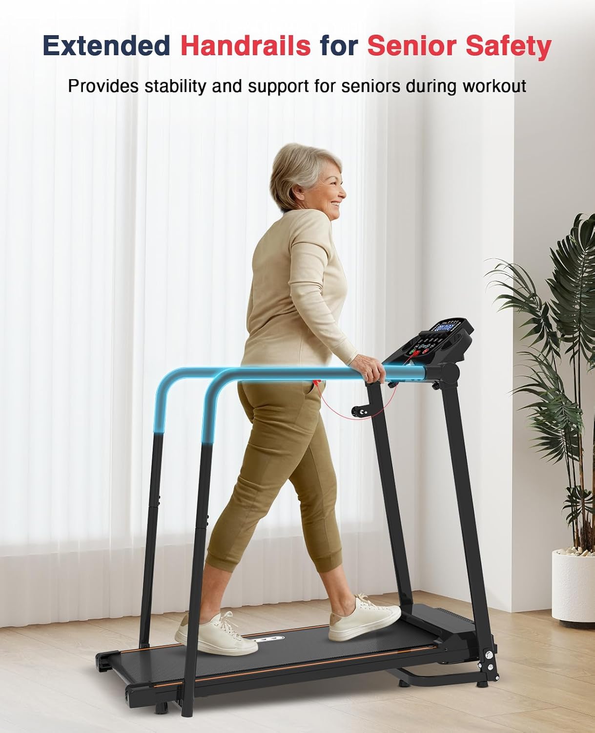 Redliro Walking Treadmill with Long Handrails – Treadmill for Seniors 300 lbs Capacity – Foldable, Lightweight with Wheels, Cup & Phone Holder – Recovery Machine for Home or Apartment - Image 2