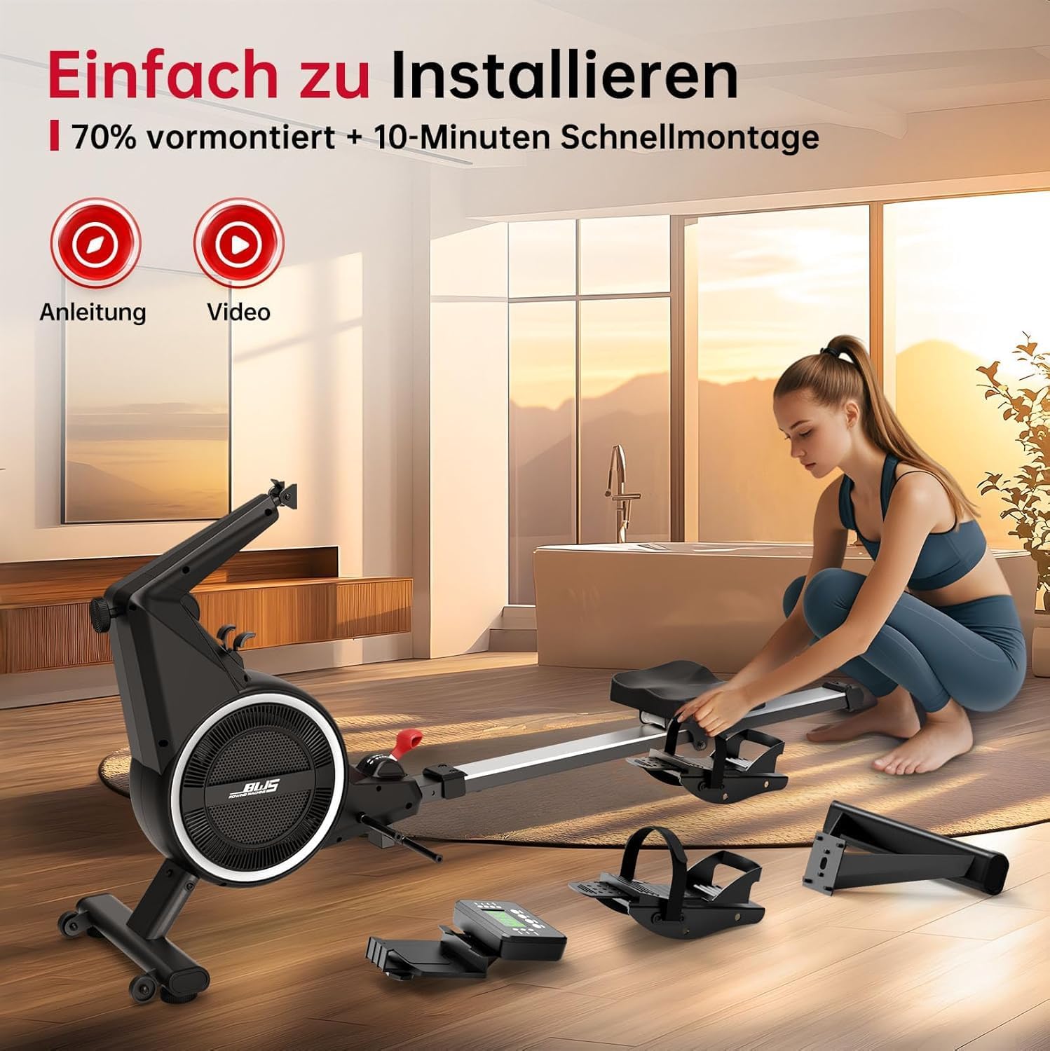 Air Magnetic Rowing Machines for Home BW5 Commercial Rower Machine Max Load 350LB 10-Level Resistance Easy Assembly Bluetooth LED Monitor Adjustable Tablet Stand Fit for Whole Family - Image 8