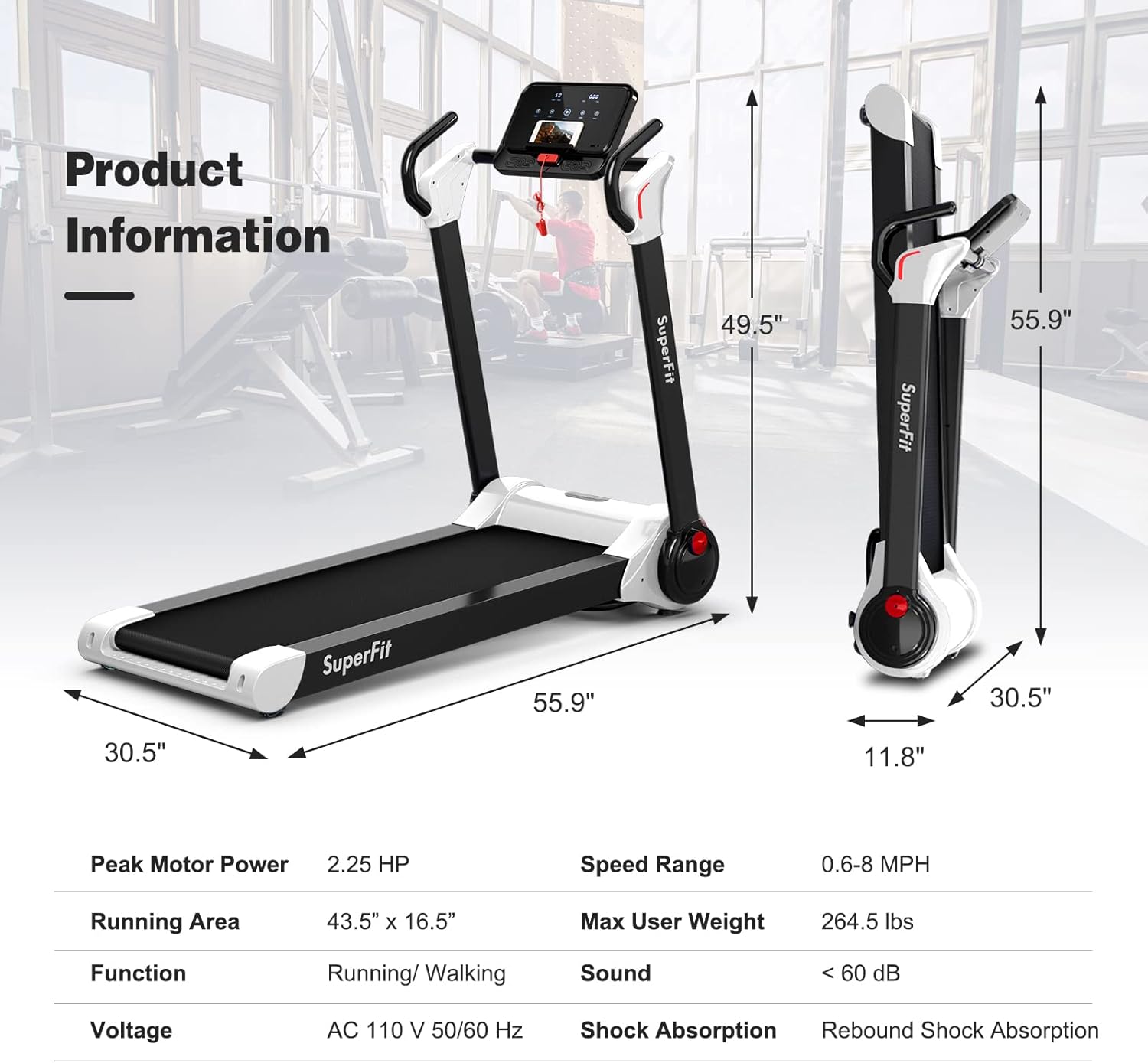 Goplus 2.25HP Folding Treadmill, Electric Superfit Treadmill W/LED Display, APP Control, Blue Tooth Speaker and Device Holder, Compact Jogging Walking Running Machine for Home & Office - Image 8