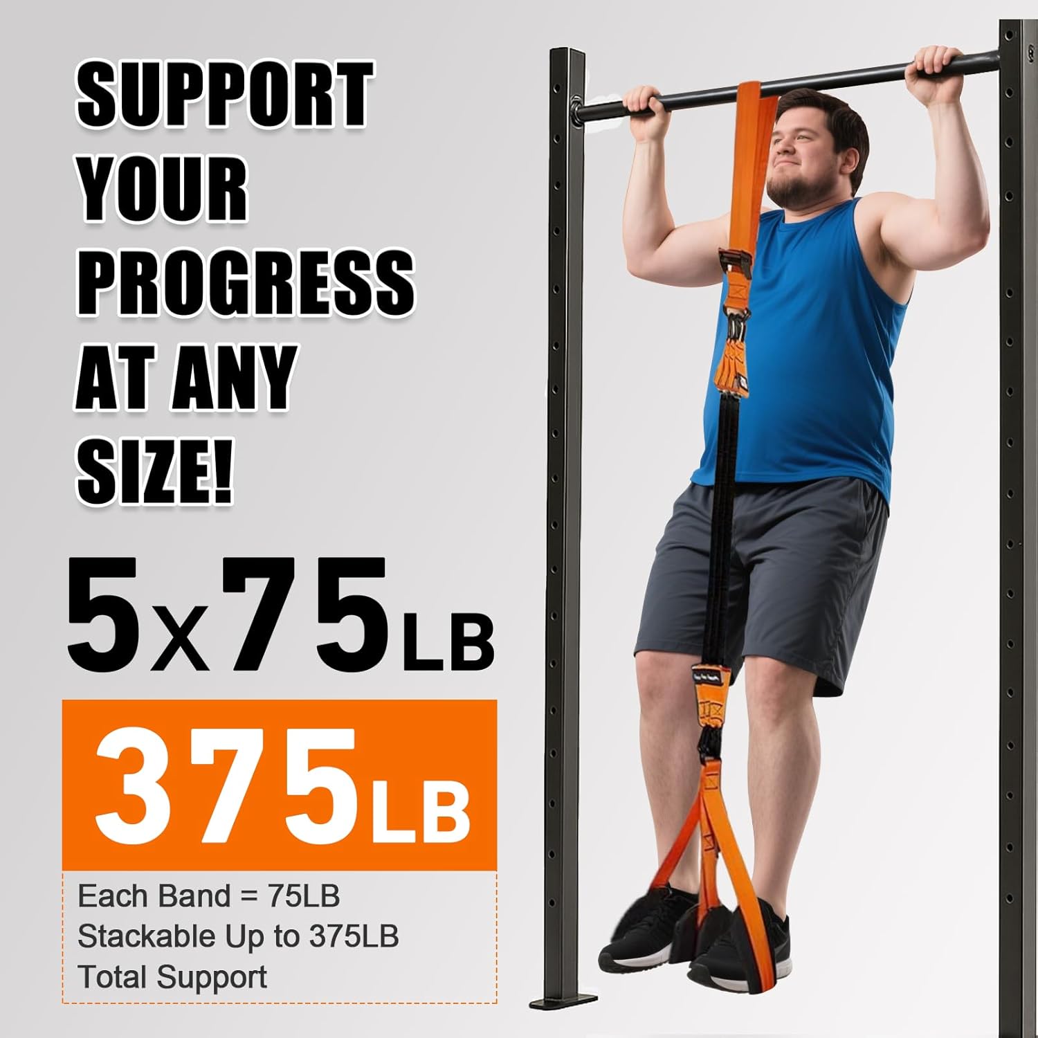 Pull Up Assistance Bands Set of 11 (375lbs)–Extra Heavy Duty Band, Dual Foot Rest, Door Anchor, Handles–Adjustable Resistance Bands for Pull Up Bar, Strength Training, Home Gym Workout - Image 4