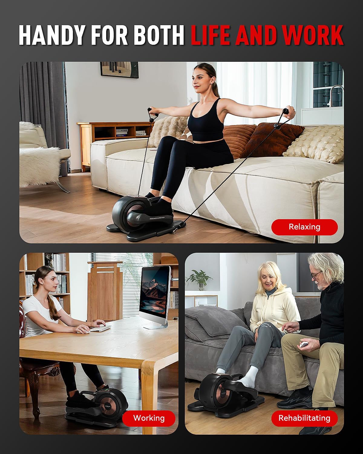 HARISON Under Desk Elliptical Machine with Multi-Functional LCD Display, Ellipse Leg Exerciser for Seniors with 12-Level Adjustable Speed and Resistance Bands - Image 2