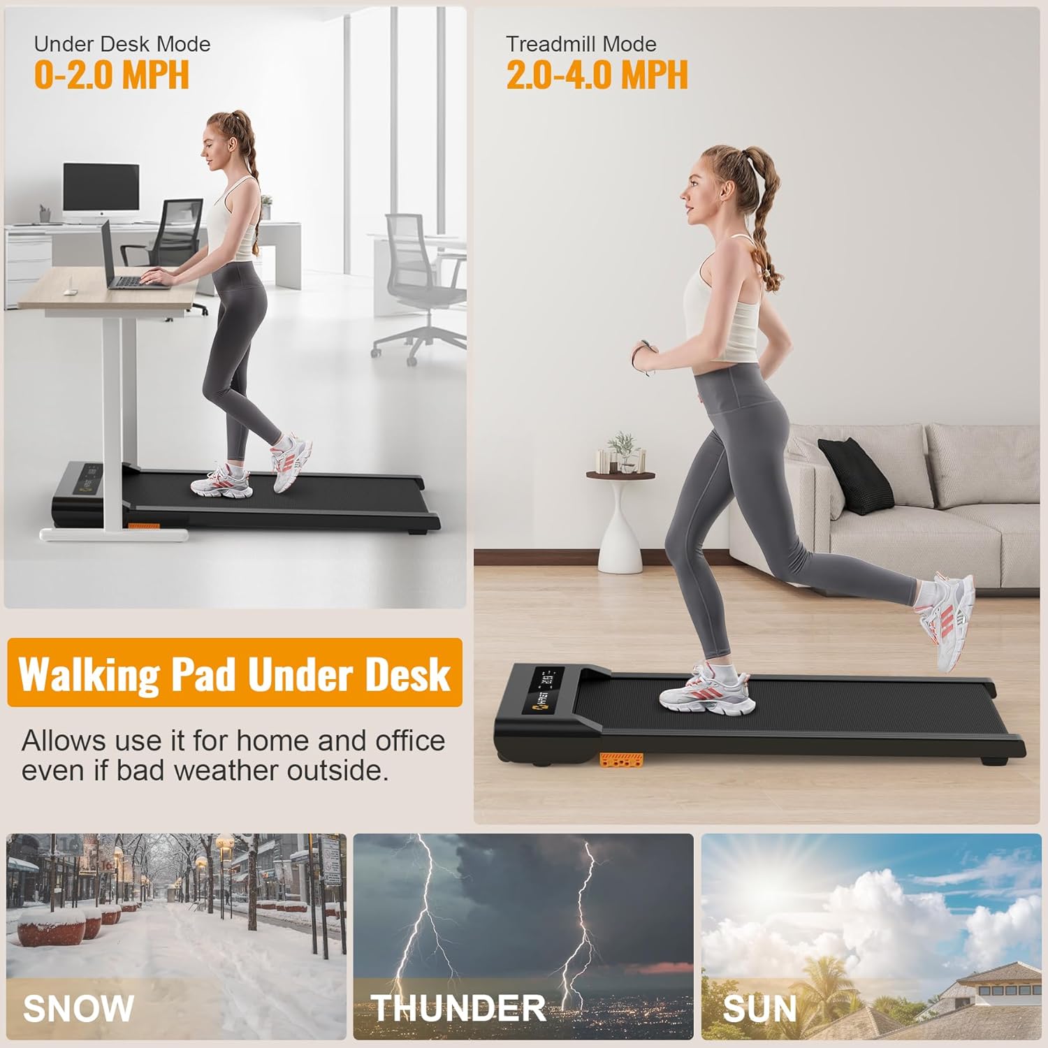 Walking Pad, 2.5HP Under Desk Treadmill for Home Office, 300 Lbs Capacity Portable Treadmills with Remote Control & LED Display, 2 in 1 Running Pad for Walking Jogging and Running - Image 4