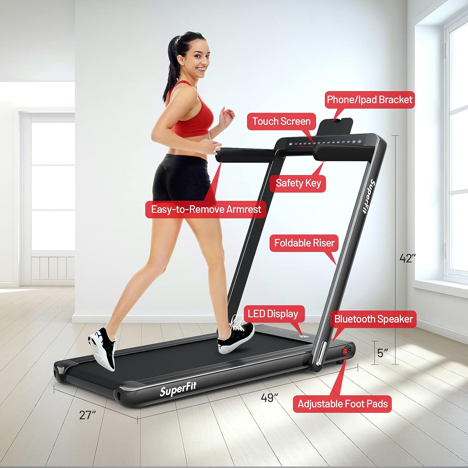 GYMAX Walking Pad, Dual LED Display 2 in 1 Under Desk Treadmill for Home with Remote & Smart App Control, 2.25HP Foldable Portable Treadmill Running Machine for Office Small Space - Image 7