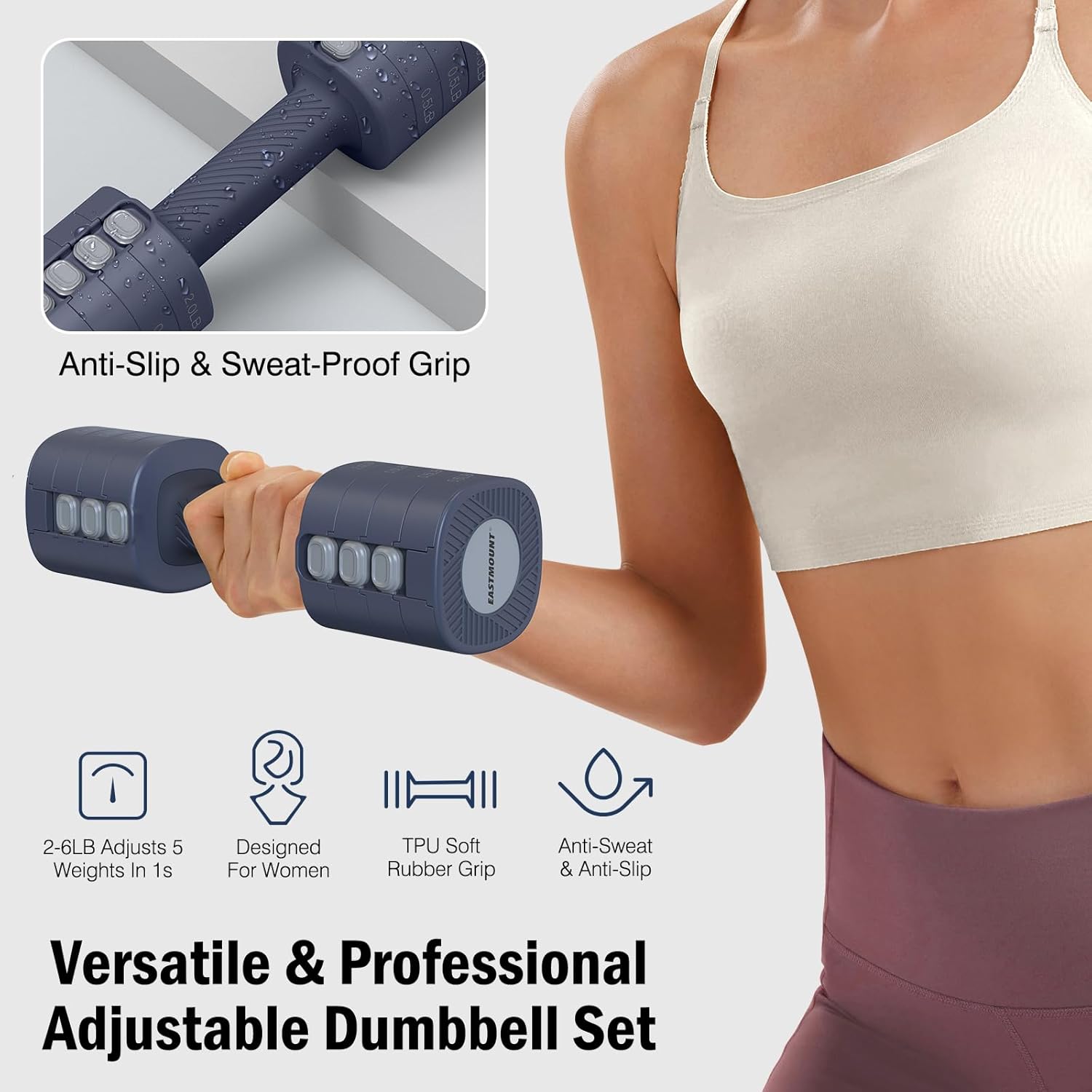 EAST MOUNT Adjustable Weight Dumbbells Set of 2, 8 in 1 Hand Weights for Women 2lb/3lb/4lb/5lb/6lb Dumbbell Weights Set 12 lbs/Pair Hand Weights for Home Office Gym Workout - Image 4