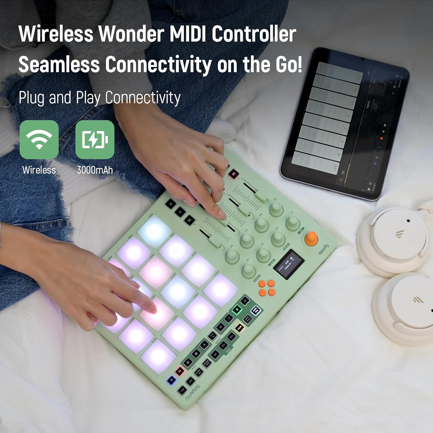 Midi Pad Controller, Portable Beat Maker Machine with Drum Pads, Beginners Beating Pad Velocity Sensitive, LED Display for Music Production (Wireless MIDI) - Image 2
