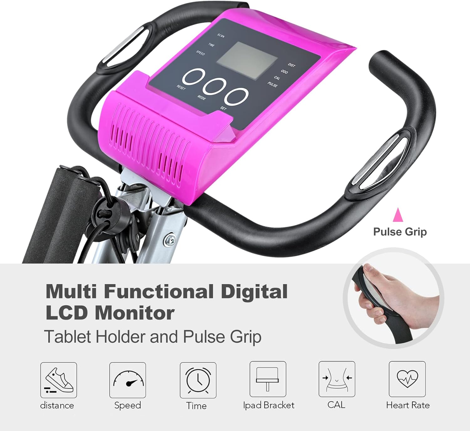 Folding Exercise Bike Portable Upright Adjustable Backrest Cycling Recumbent Stationary Bike Slim Indoor Workout Fitness Cardio Foldable Exercise Bicycle Machine with Pulse Sensor LCD Monitor Arm Resistance Bands - Image 4