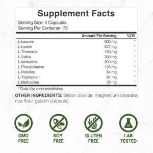 Essential Amino Acids (EAA) 2000mg Per Serving, 300 Capsules – Unflavored – 9 in 1, All BCAAs (Branched-Chain Aminos) – Lean Muscle Support & Natural Pre Workout Supplement