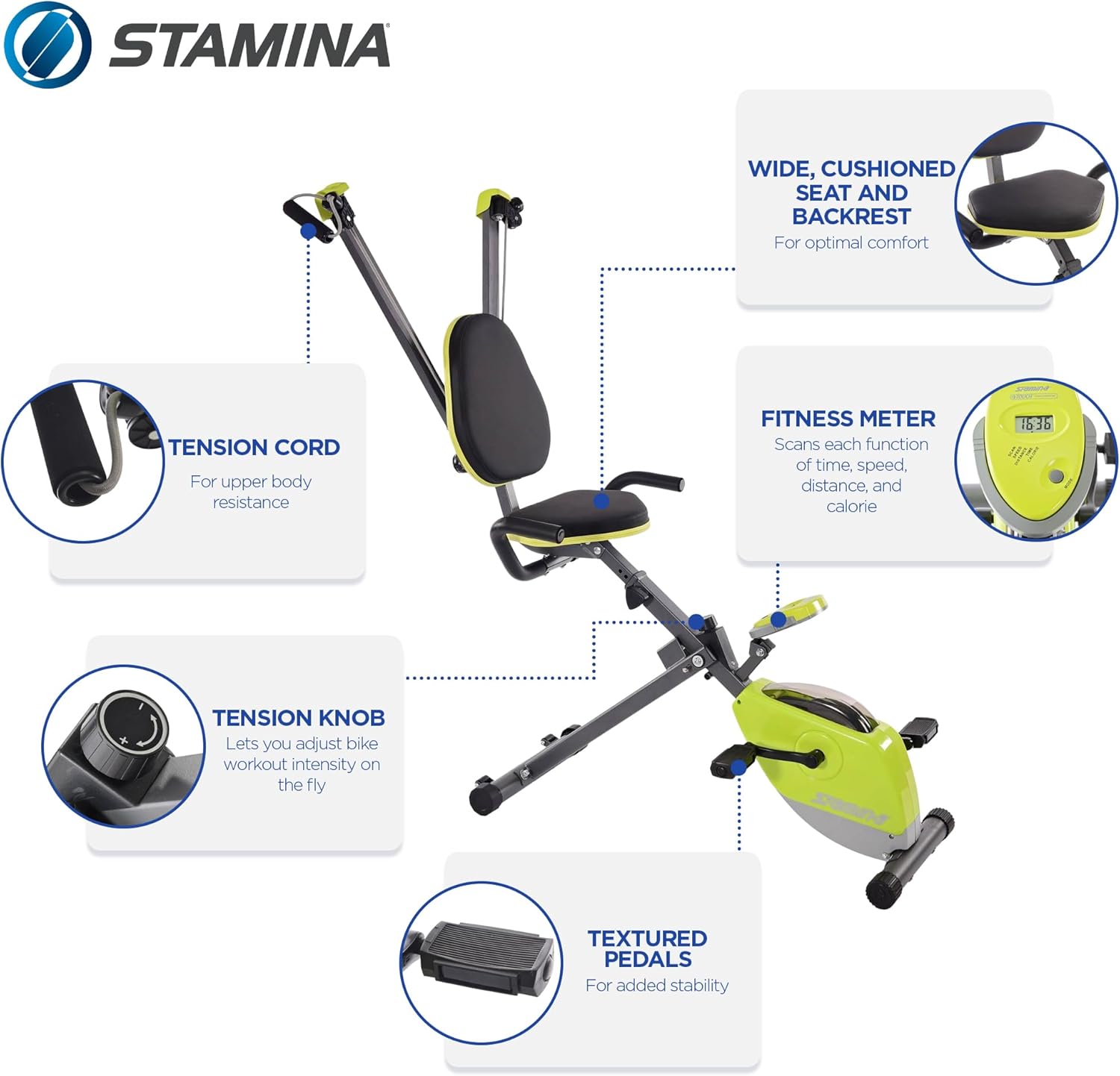 Stamina Wonder Exercise Bike | Build Upper and Lower Body Strength on One Machine | Includes Two Online Workout Videos, Chartreuse and Gray - Image 2