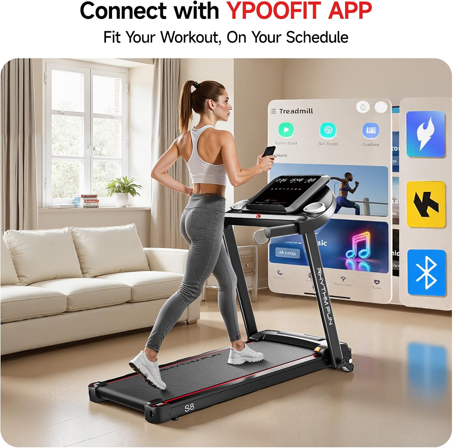 RHYTHM FUN 8.0 MPH Treadmills for Home, Running Walking Pad Treadmill with Incline up to 8%, Foldable Treadmill with Handle Bar, Low Noise Walking Pad for 300 lbs - Image 6