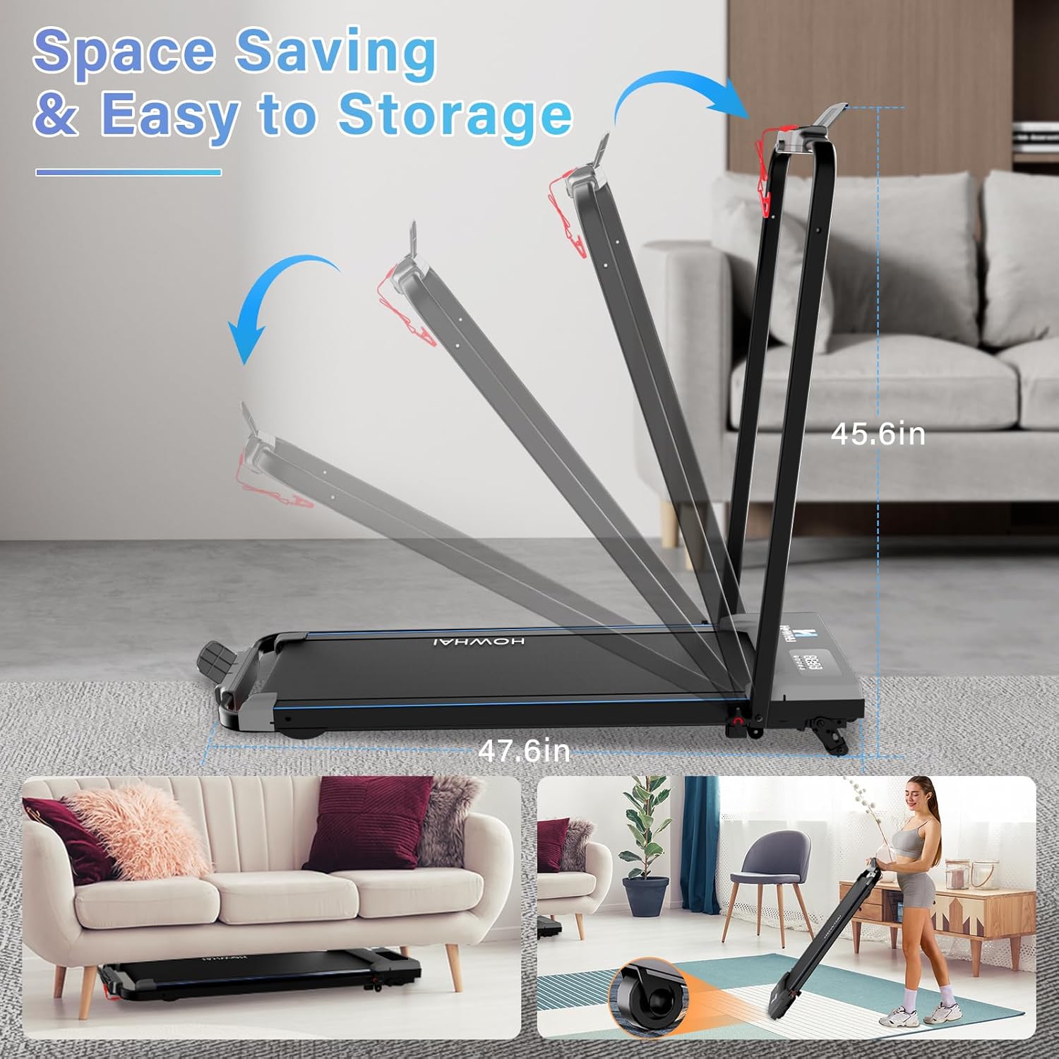Walking Pad Treadmill with Incline, 2 in 1 Foldable Under Desk Treadmills for Home/Office, Portable Treadmill with App, Bluetooth Music, Remote Control & LED Display (300lbs Capacity) - Image 4