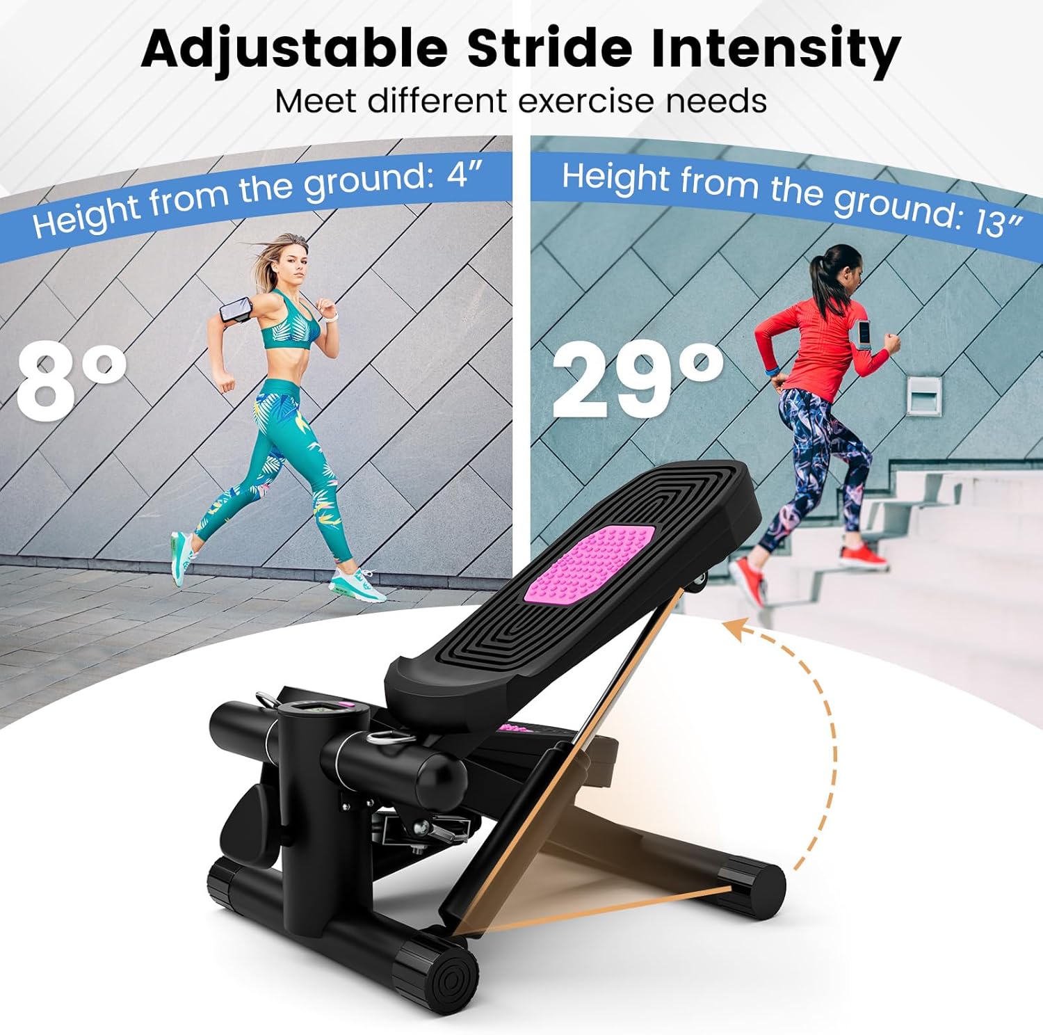 GYMAX Steppers for Exercise at Home, Hydraulic Mini Stair Stepper with Resistance Bands & LCD Monitor, Portable Under Desk Cardio Equipment Step Machine for Home Gym - Image 9