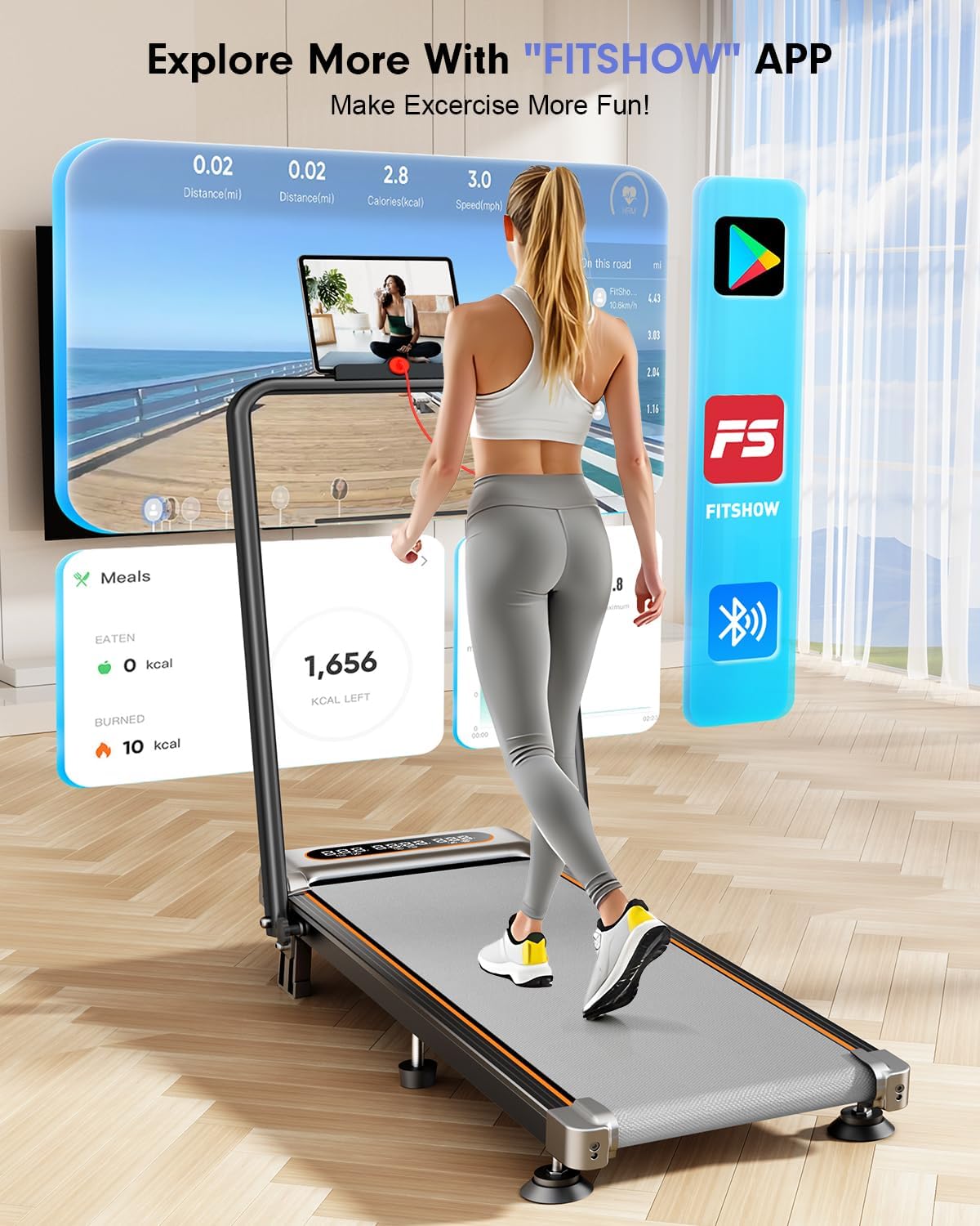 Foldable Treadmill with 8% Incline, Upgrade 3.5HP Low Noise Walking Pad Treadmill with Handle Bar, Trisomy 4 in 1 Portable Under Desk Treadmills for Home/Office, 330 Lbs Capacity, APP & Remote Control - Image 7