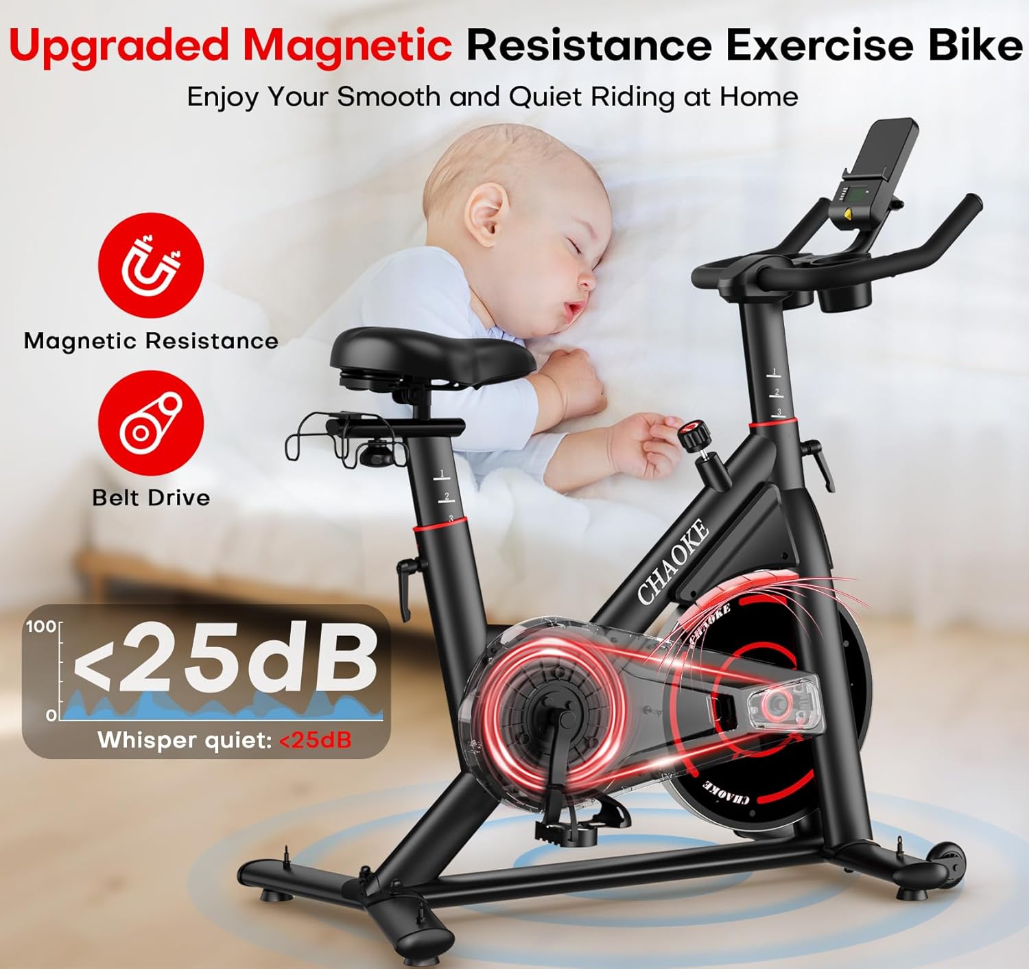 Exercise Bike, CHAOKE Quiet Magnetic Resistance 300LB Capacity Stationary Bike for Home with App Compatible, Indoor Bike with Comfortable Seat and Digital Display - Image 5