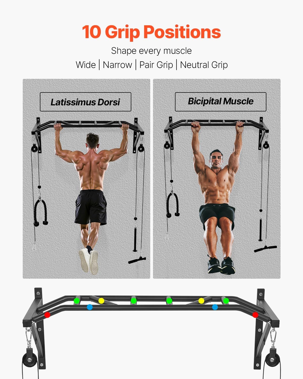 VEVOR Pull Up Bar, Multi-Grip Wall Mounted Pull Ups, 50 in Width Multifunctional Chin Up Training Station, Heavy Duty Steel Upper Body Workout Bars with LAT Pulldown Attachments, 440 lbs, for Home Gym - Image 3