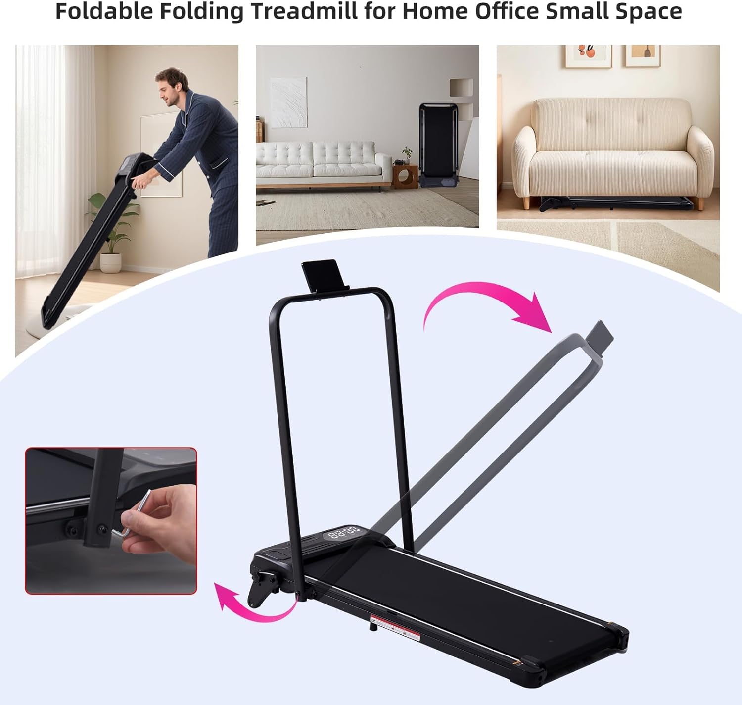 Electric Walking Pad Treadmill with Adjustable Incline and Handle Bar, 3.5HP Small PortableTreadmills for Home Office Small, 4 in 1 Folding Foldable Treadmill with Handles, 0.6-7.6MPH, 350LBS - Image 9