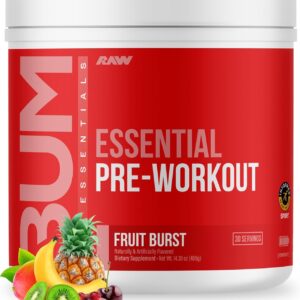 RAW Essential Pre-Workout Powder (Fruit Burst) – Chris Bumstead Sports Nutrition Supplement for Men & Women – Preworkout Energy Powder with Caffeine, L-Citrulline, L-Tyrosine, & Beta Alanine Blend