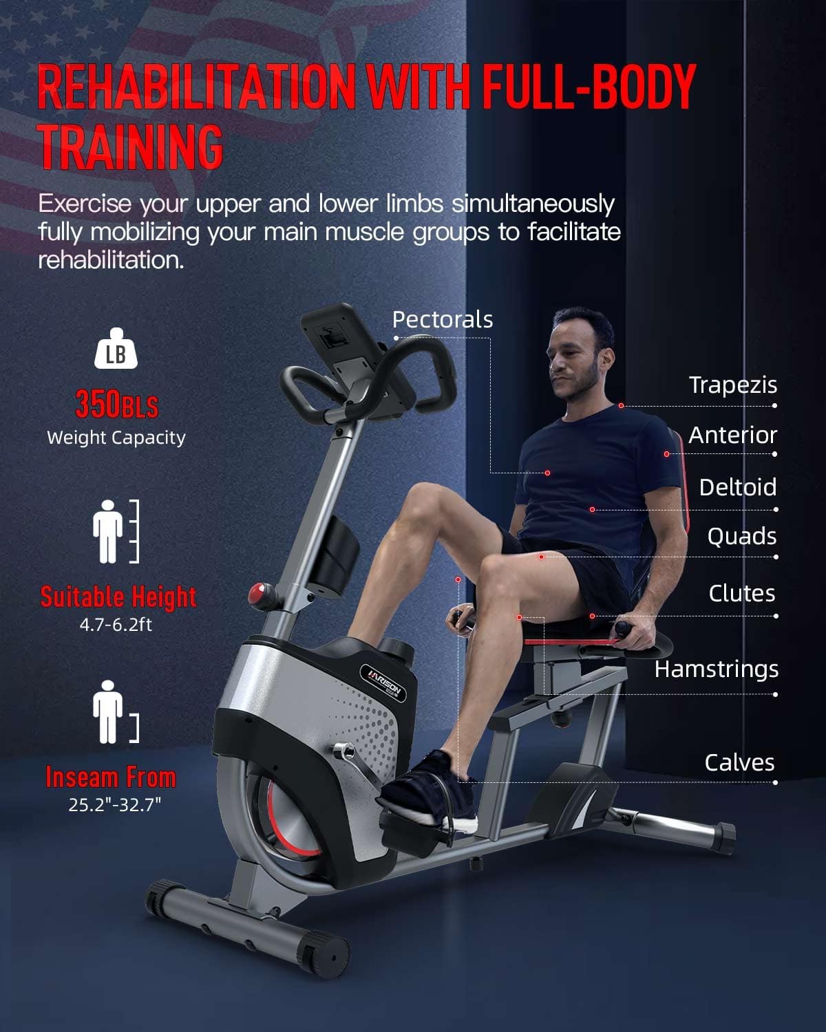 HARISON Pro Recumbent Exercise Bike 400 lbs Capacity, Magnetic Recumbent bike for Adult and Seniors, Recumbent Stationary bike for Home with Smart Bluetooth App, 2 in 1 LCD Monitor and Tablet Holder - Image 5