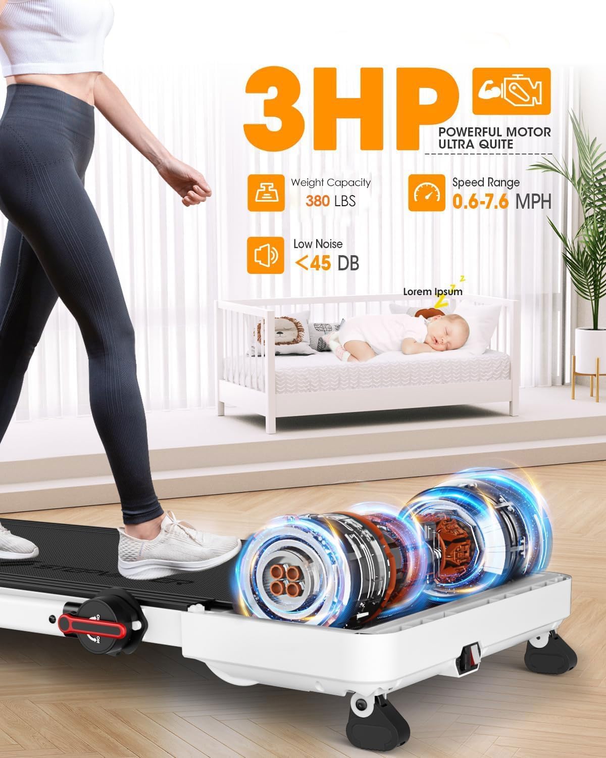Walking Pad Treadmill with Handle Bar, 3.5HP Foldable Folding Treadmills with Incline, 3 in 1 Portable Under Desk Treadmills for Home Office Apartment with 330lbs, 17" Running Pad - Image 3