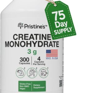 PRISTINE’S Creatine Monohydrate Capsules for Women & Men – No Bloat 75 Day Supply 3G Muscle Growth Support Supplement – Cognitive & Athletic Performance Support – Enhanced Recovery