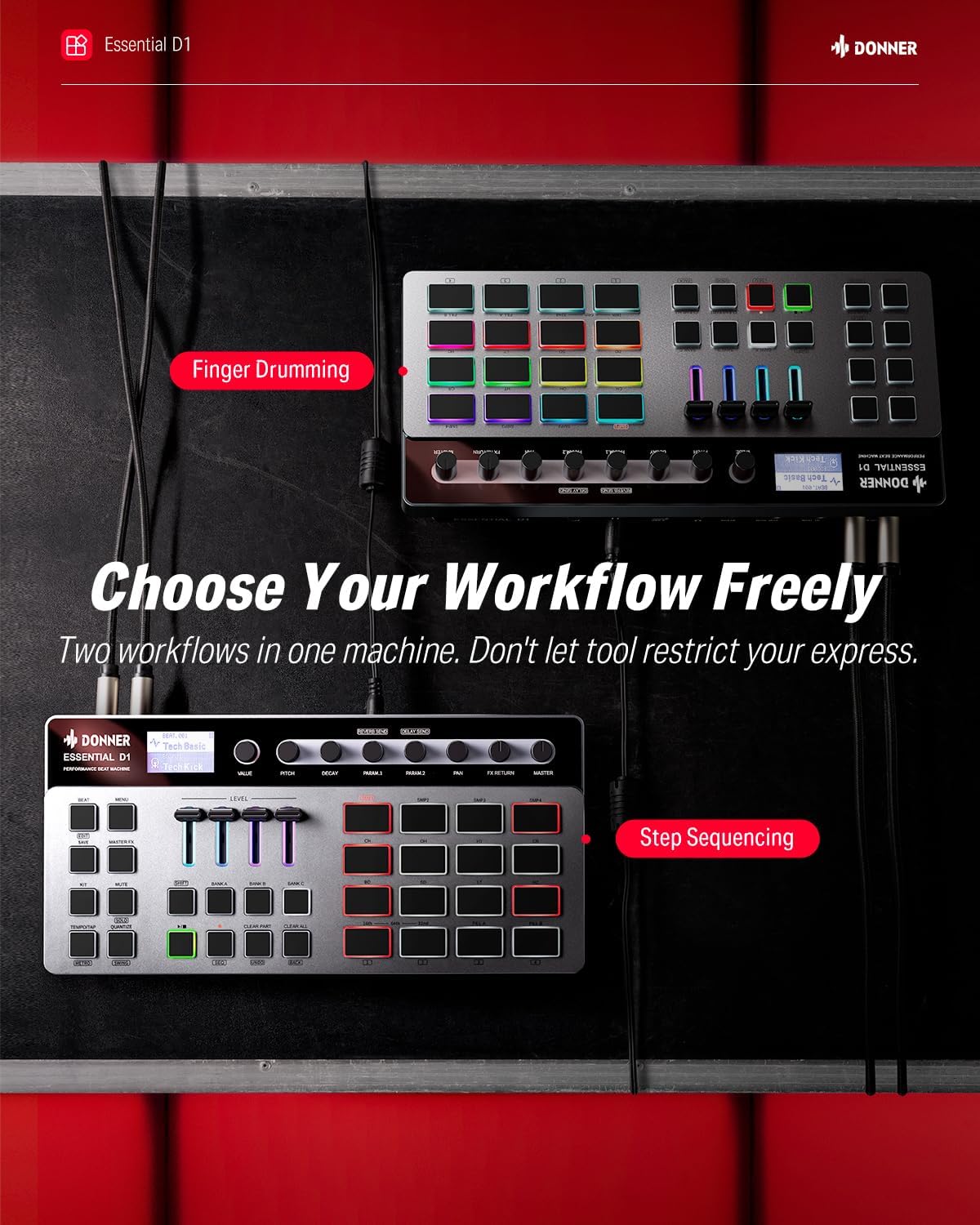 Donner Essential D1 Performance Beat Machine, Step Sequencer& Finger Drum Machine Combined, with LCD Display, 16 RGB Beat Pads, 5 Endless Encoders, 12 Tracks Sample, Reverb& Delay Effects - Image 2