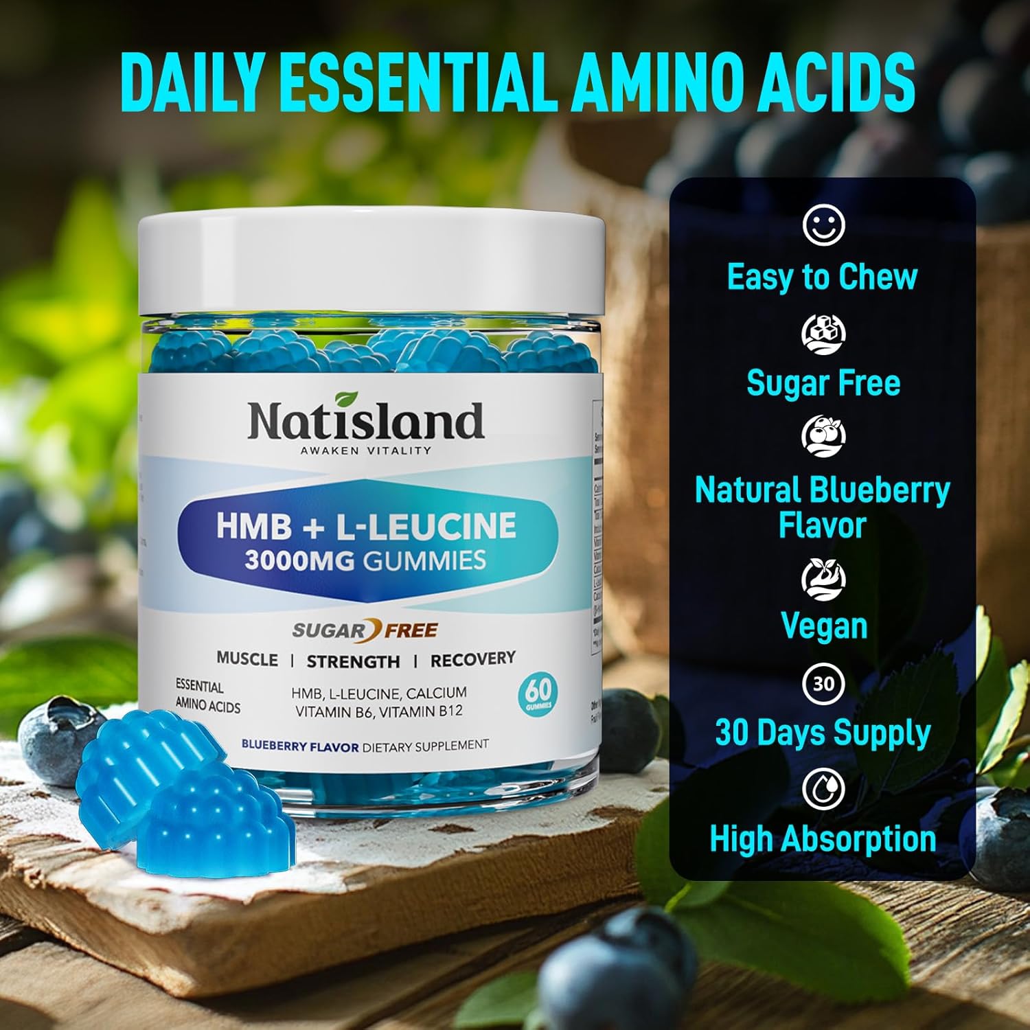 HMB and L-Leucine Gummies, HMB and Leucine Amino Acid Supplements for Men & Women, Muscle Mass & Strength, Muscle Recovery & Health, Sugar-Free, Vegan, Blueberry Flavor, 60 Count - Image 7