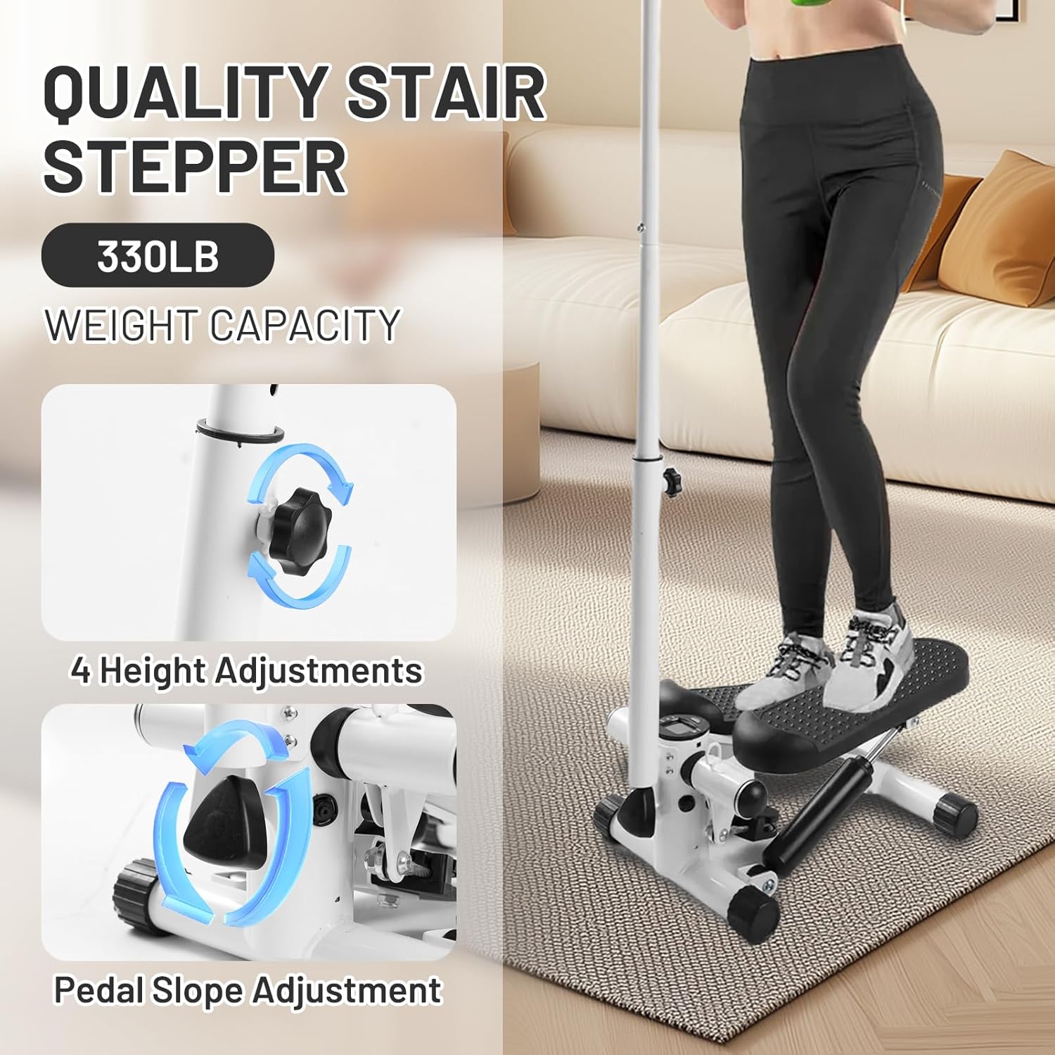 Adjustable Height Stair Stepper with Resistance Bands and LCD Monitor - 330 lb Capacity, Handlebar and Phone Stand for Home Workouts - Image 3