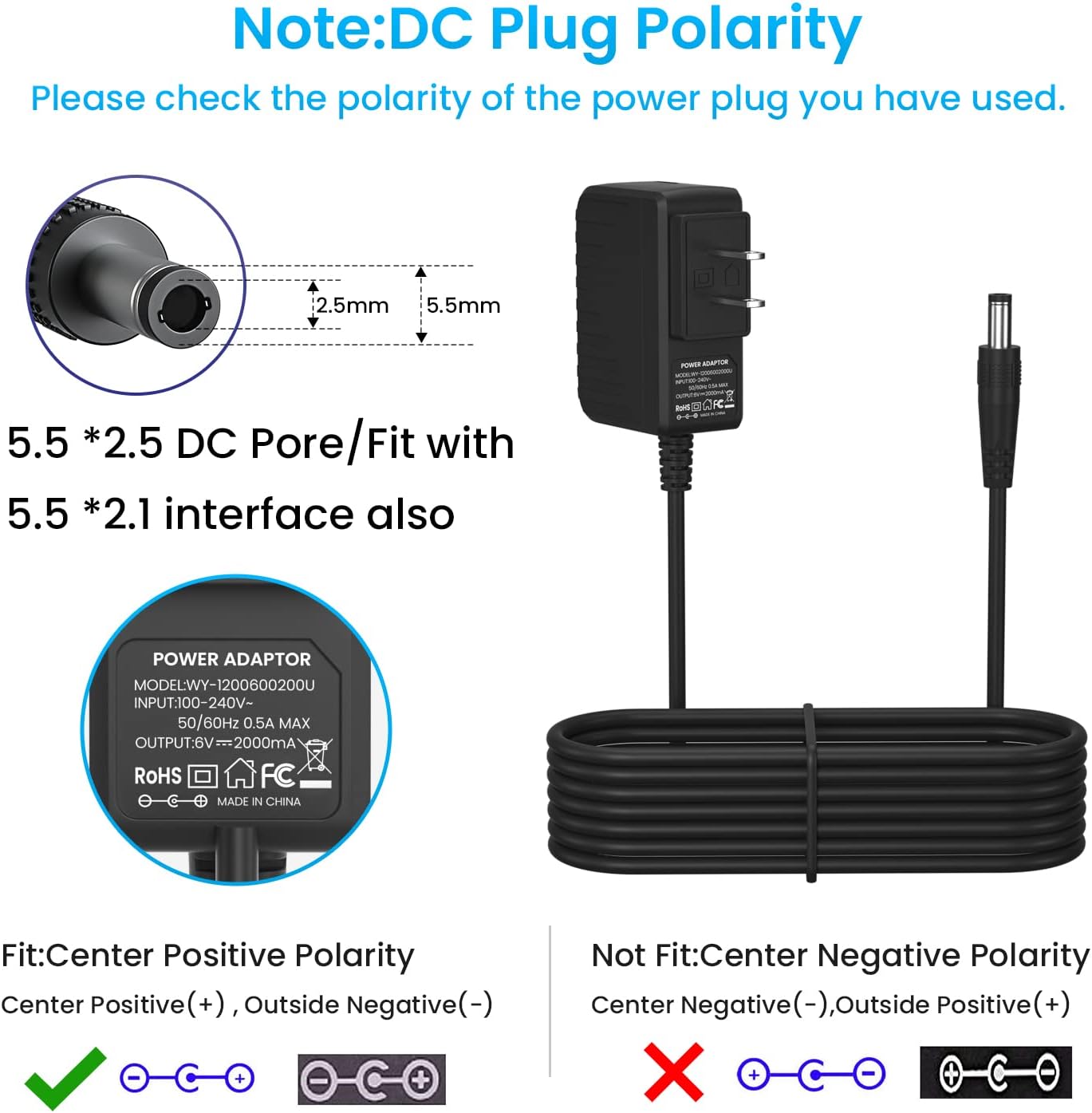 6V 2A Power Supply Adapter for ProForm Elliptical Smart Strider 480 490 500 600 LE, 390 395 475 510 E, 510EX, 400 700 Cardio Cross Trainer Exercise Bike Replacement Charger Cord (9.8 ft) - Image 2