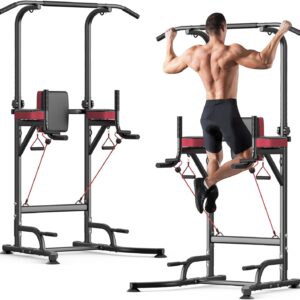 Dskeuzeew Pull Up Bar Free Standing for Garage Multi-Function Home Gym Strength, 450LBS Pull Up Dip Station Assistive Trainer Height Adjustable with Elastic Ropes, Power Tower Training Heavy-Duty Fitness Equipment