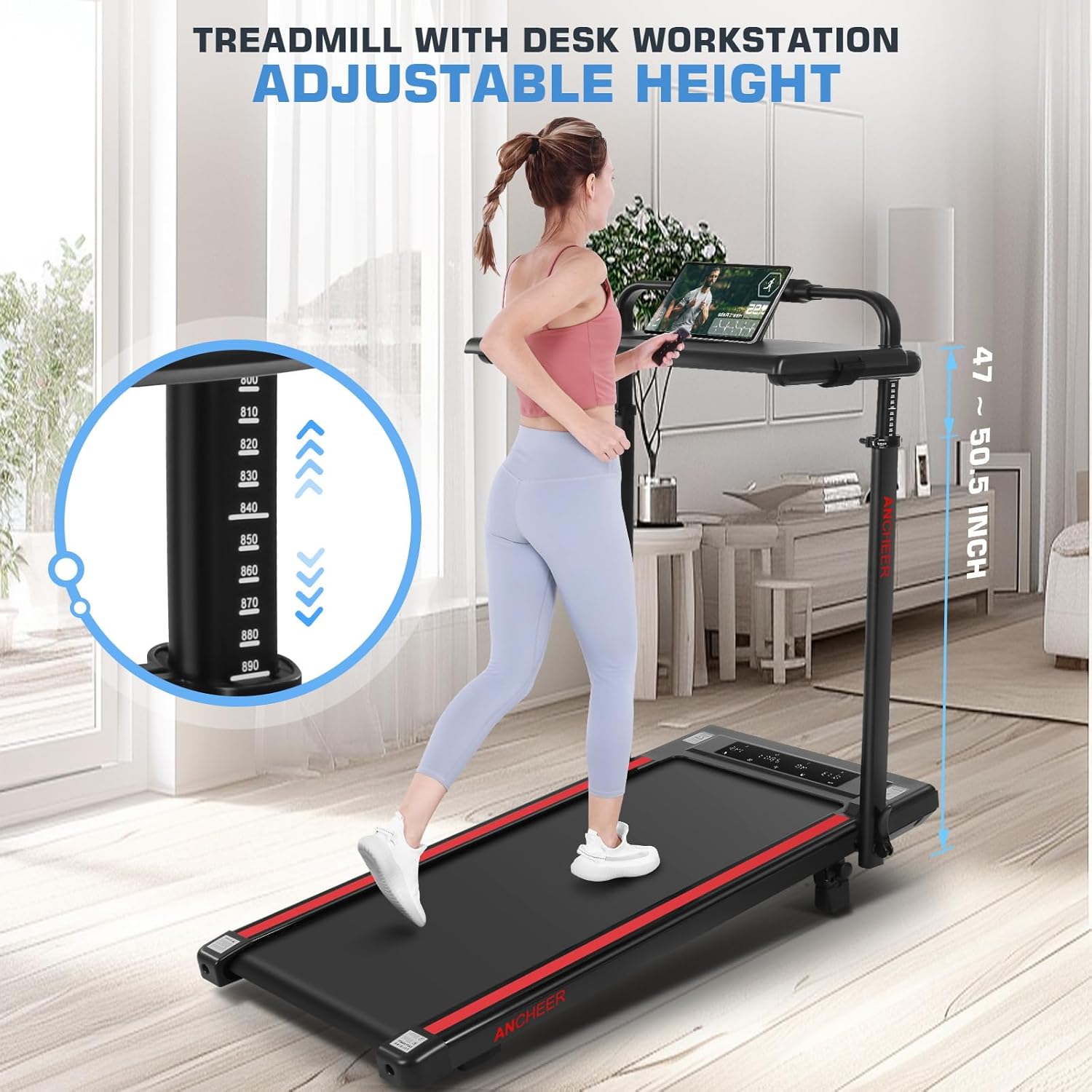 ANCHEER Walking Pad Treadmill with 12% Incline&Adjustable Height, 4 in 1 Under Desk Treadmills with Desk Workstation, Foldable Treadmill for Home 300lb,3 Type Control - Image 7