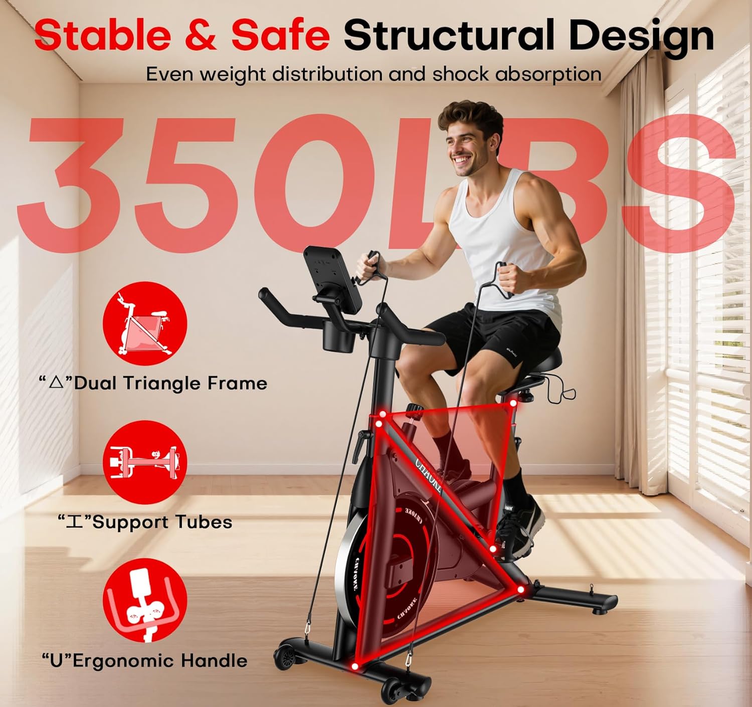 Exercise Bike, CHAOKE Quiet Magnetic Resistance 300LB Capacity Stationary Bike for Home with App Compatible, Indoor Bike with Comfortable Seat and Digital Display - Image 4