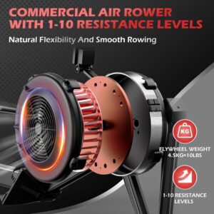 PASYOU Air Rowing Machine for Home 10-Level Resistance 350lb Load Rower Machine Foldable Commercial Row Machines with 47in Rail and Bluetooth Backlit Monitor, Adjustable Device Holder PR70