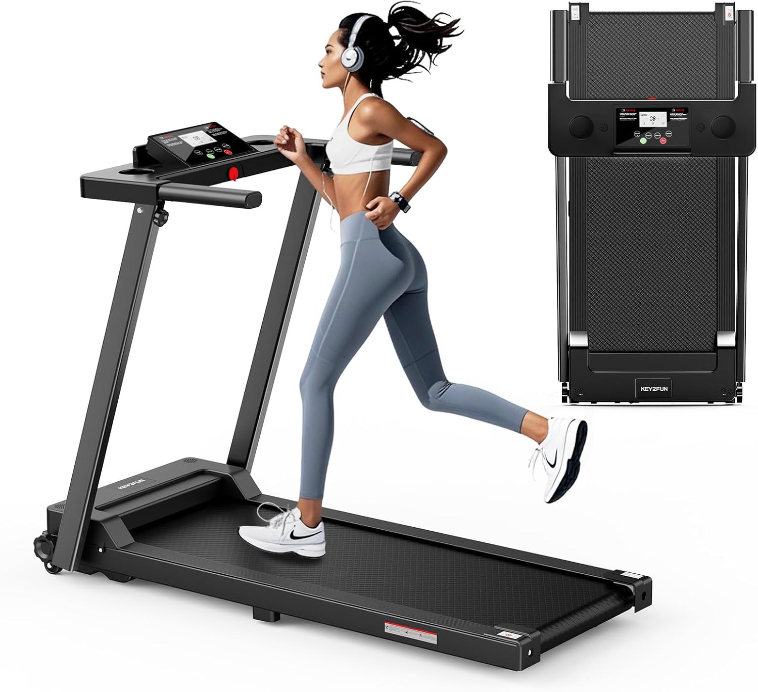 Treadmills for Home, KEY2FUN Portable Foldable Treadmill, Walking Pad with Handle Bar, Lightweight Folding Treadmill with 300 LBS Capacity, 3.0 HP Walking Pad with LED Display