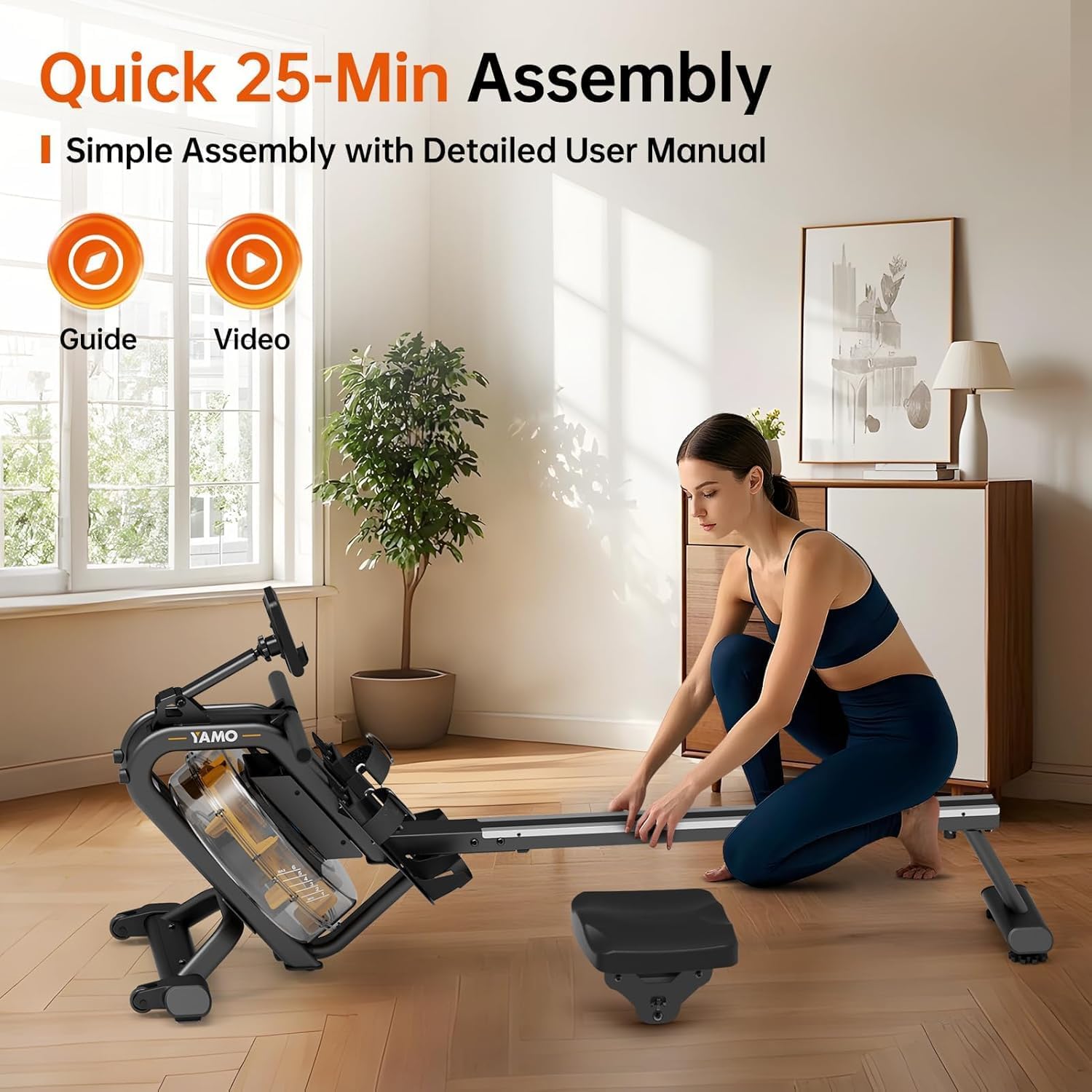 YAMO Water Rowing Machine for Home, Row Machine with 330LB Weight Capacity, Support Bluetooth & Compatible with Apps, Water Row Machine with Comfortable Seat and Tablet Holder - Image 7
