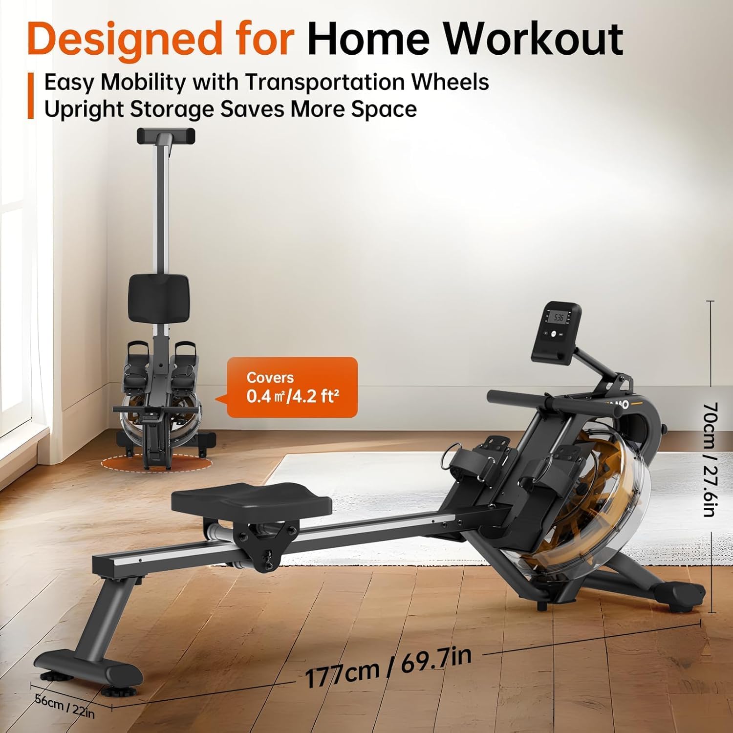 YAMO Water Rowing Machine for Home, Row Machine with 330LB Weight Capacity, Support Bluetooth & Compatible with Apps, Water Row Machine with Comfortable Seat and Tablet Holder - Image 6