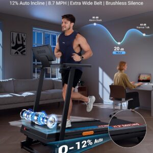 THERUN Treadmill with Incline, 3.0 HP Foldable Treadmills for Home, Brushless Motor Auto Incline Treadmill, 12 Level Adjustable, 300 LBS Capacity, Quiet Running