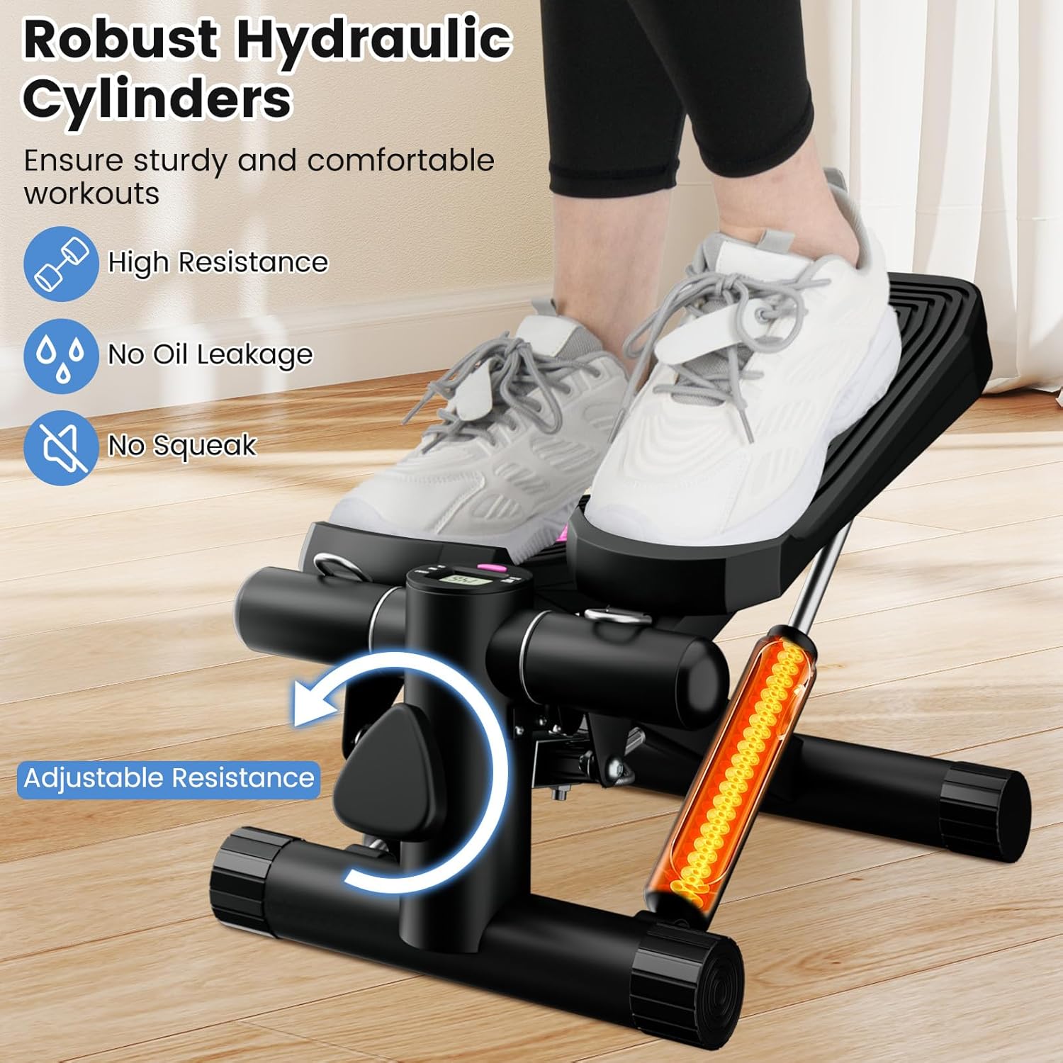 GYMAX Steppers for Exercise at Home, Hydraulic Mini Stair Stepper with Resistance Bands & LCD Monitor, Portable Under Desk Cardio Equipment Step Machine for Home Gym - Image 3