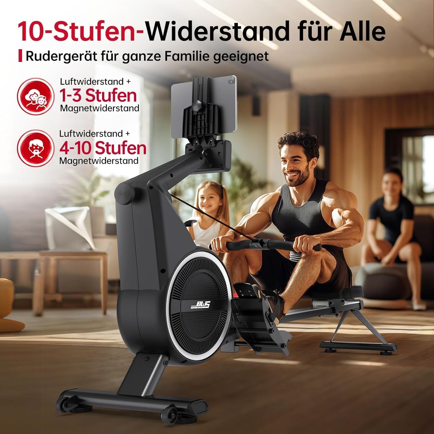 Air Magnetic Rowing Machines for Home BW5 Commercial Rower Machine Max Load 350LB 10-Level Resistance Easy Assembly Bluetooth LED Monitor Adjustable Tablet Stand Fit for Whole Family - Image 5