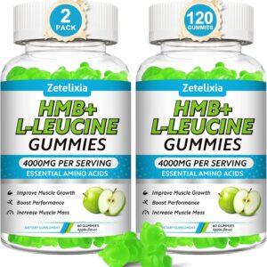 HMB and L-Leucine Gummies, 4000mg HMB and Leucine Supplements Amino Acid Gummies for Men & Women, Support Muscle Growth, Muscle Relief and Workout Recovery, Sugar-Free, Vegan, Apple Flavor, 120 Count