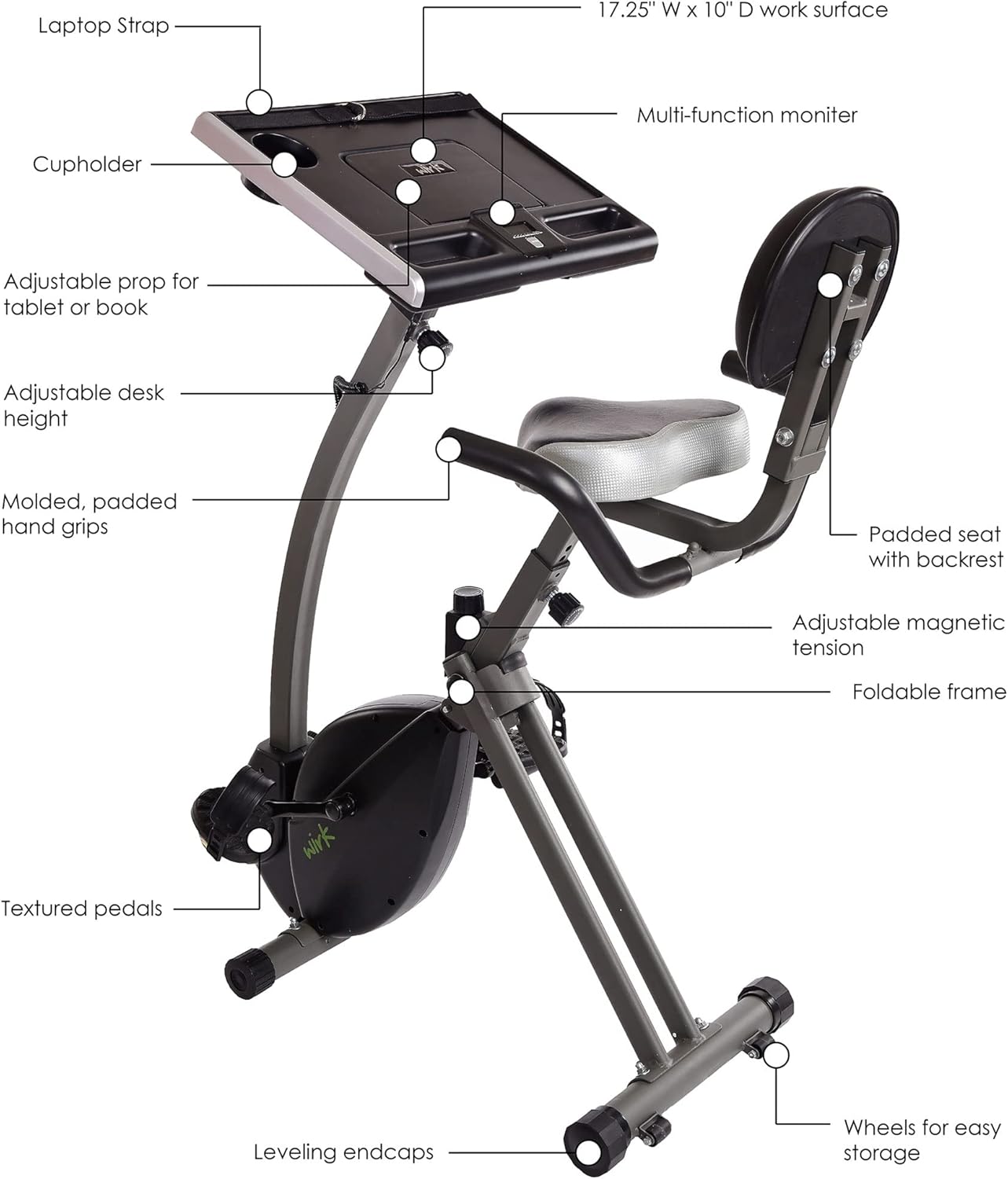 Stamina Wirk Ride Exercise Bike - Foldable Fitness Bike with Workstation and Standing Desk - Stationary Bike for Home Workout - Up to 250 Weight Capacity - Image 8