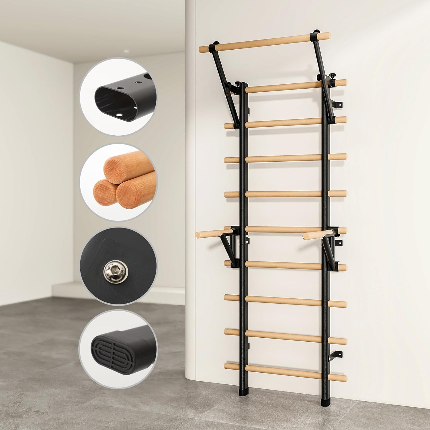DHT Wood Stall Bar, Swedish Ladder Suspension Trainer with 9 Strategic Rods, for Home, Gym, School and Clinics, Black - Image 4