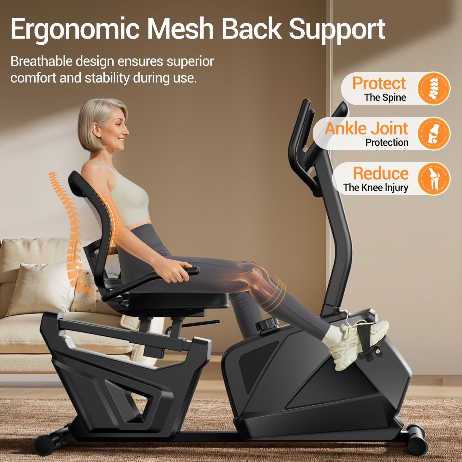 CURSOR FITNESS Recumbent Exercise Bike, Stationary Bikes for Home with Adjustable Seat, 400 LBS Capacity, 16-Level Magnetic Resistance Recumbent Exercise Bike for Home Gym Cardio Workout Training - Image 4