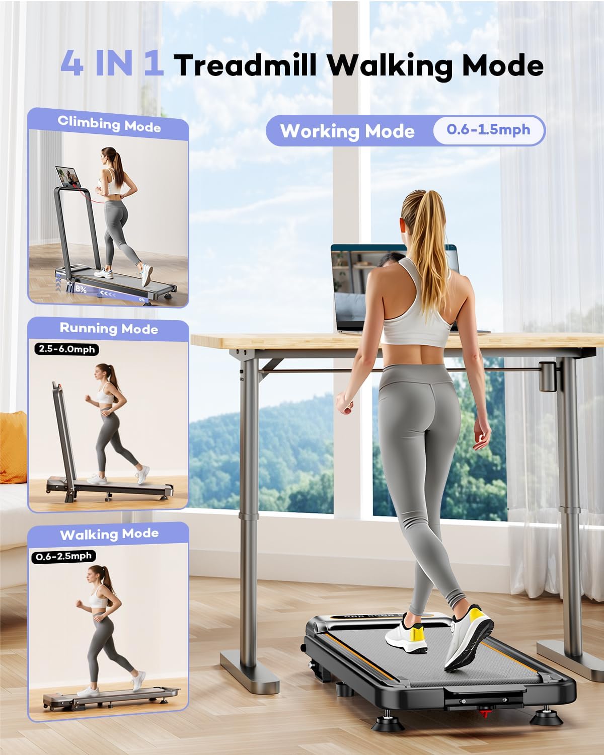 Foldable Treadmill with 8% Incline, Upgrade 3.5HP Low Noise Walking Pad Treadmill with Handle Bar, Trisomy 4 in 1 Portable Under Desk Treadmills for Home/Office, 330 Lbs Capacity, APP & Remote Control - Image 6