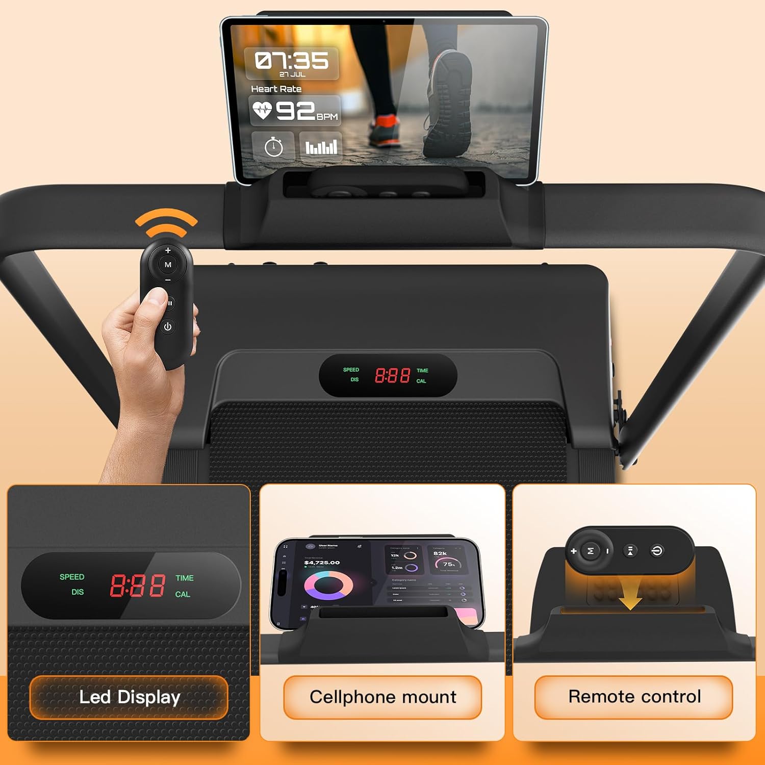 ANCHEER Treadmill with Handle Bar, 3.0 HP Foldable Walking pad with 12% Incline, 320 lbs Capacity-Portable Under Desk Folding Treadmills for Home Small with Widened Belt/Remote Control - Image 5