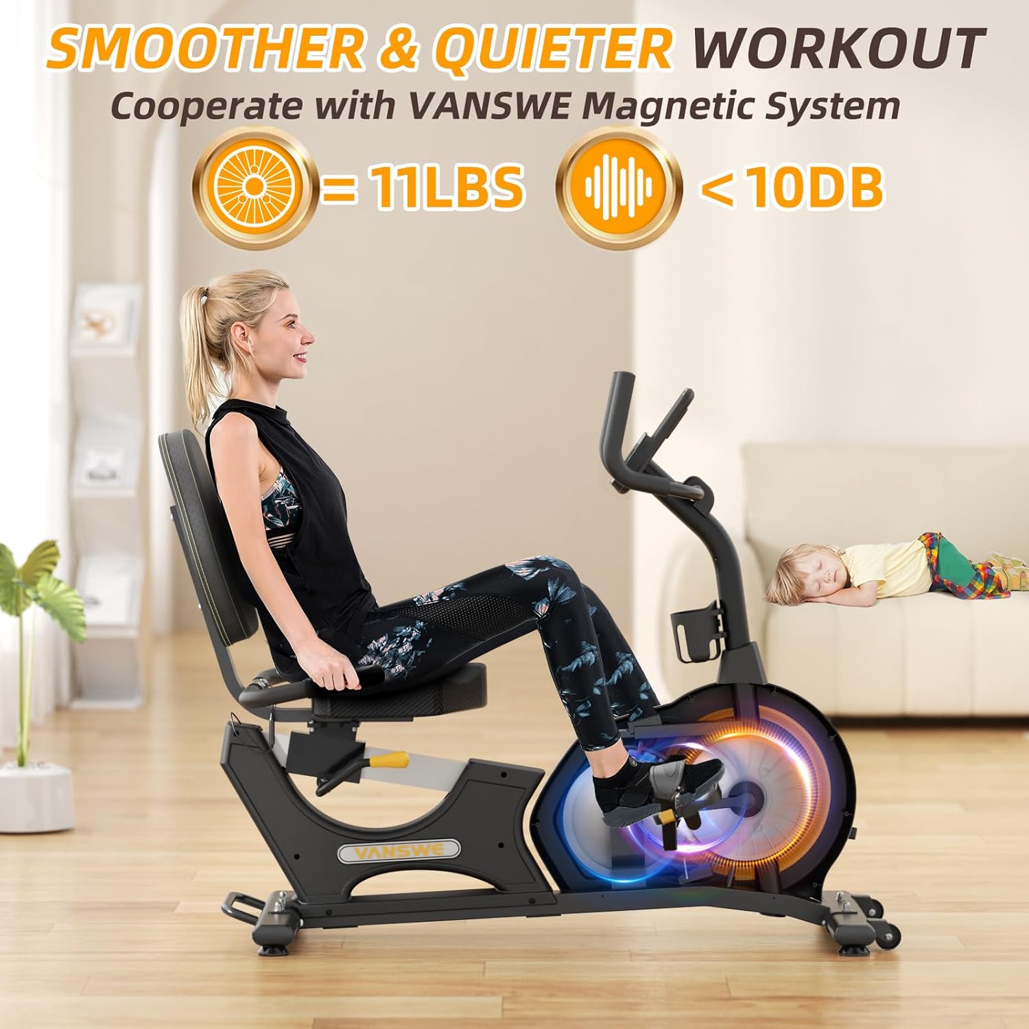 VANSWE Recumbent Exercise Bike, Recumbent Stationary Bikes for Home 400 LBS Weight Capacity, Exercise Bike for Home Seniors with Smart App and Bluetooth Connectivity, LED Display, Pulse Handle - Image 4