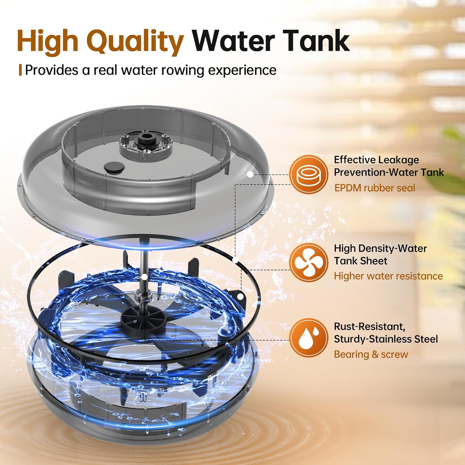 Water Rowing Machines for Home, Rower Machine with 12 Propellers & 28L Large Water Tank, 6-Level Resistance, with Multifunctional Display and Adjustable Stand, Max Load 330LBS - Image 5